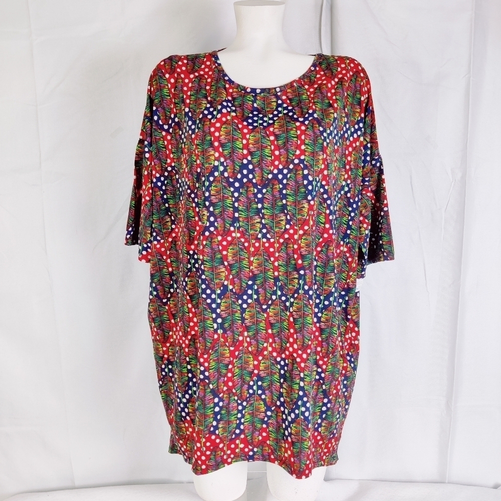 NEW LuLaRoe "Irma" Tunic Top T Tee Shirt Dress Womens Sz XL Feathers Red Blue - Picture 3 of 16